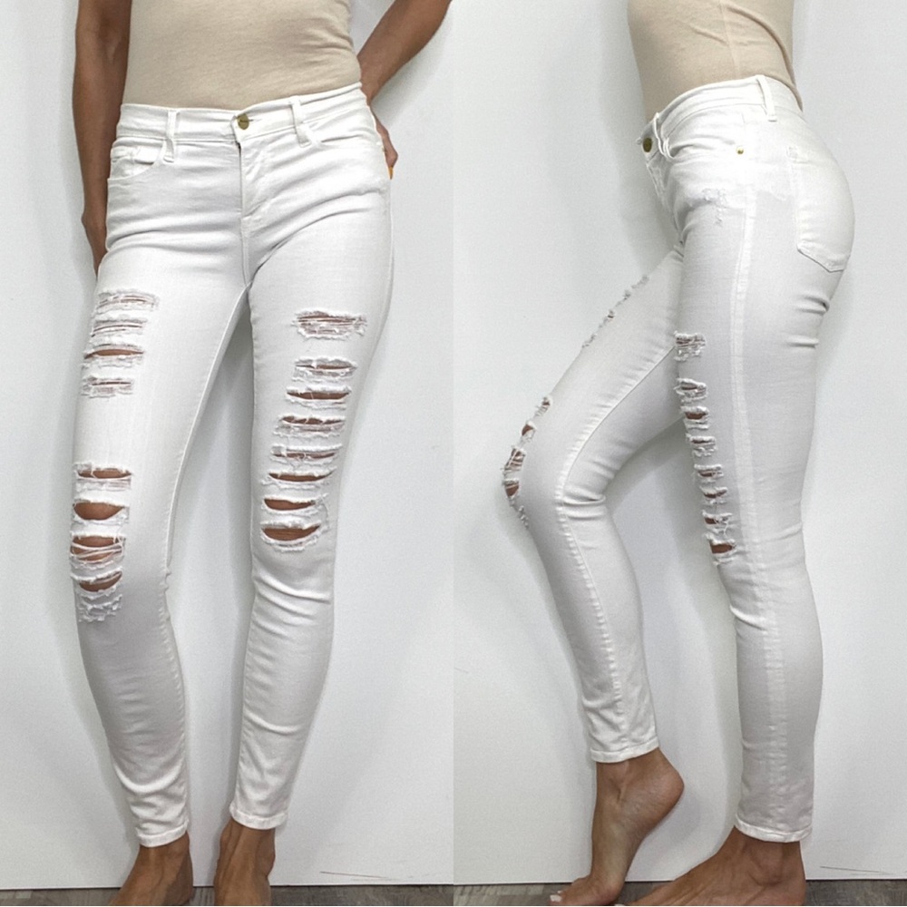 Frame Denim Le Skinny De Jeanne White Distressed Jeans Size 24